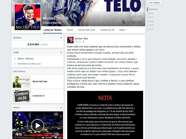 Michel Teló lamenta o acidente; cantor fez um post no Facebook sobre o ocorrido (Foto: Reprodução / Facebook)